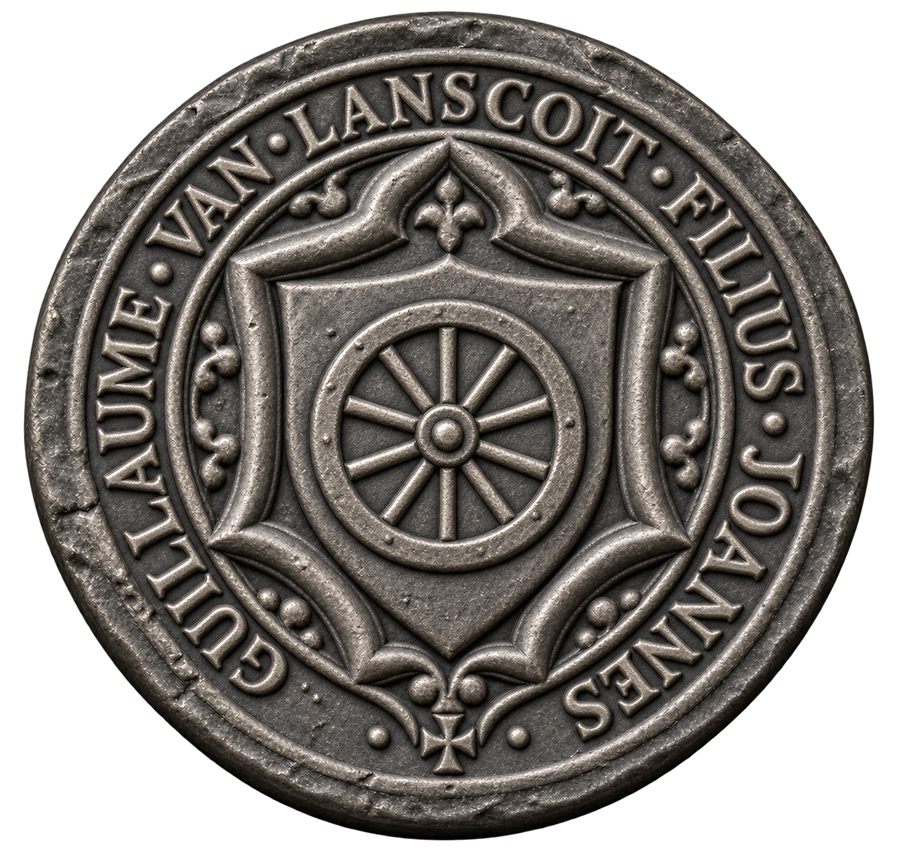 Illustratieve reconstructie: een wiel met het opschrift Guillaume van Lanscoit filius Joannes